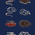 Traditional Cloud Carvings in Gold Red Brown Hues on Navy Blue Background With Smooth Lines