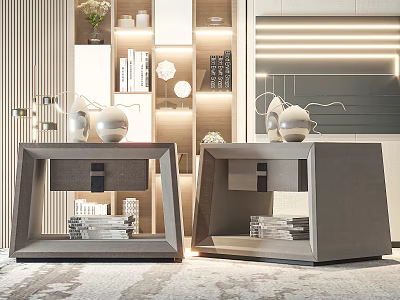 Modern Gray Bedside Tables with Decorative Ornaments and Bookshelf in Contemporary Bedroom 3d model