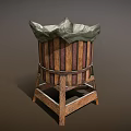 Vintage Wooden Laundry Tub With Metal Hoops And Cloth Liner On Stand
