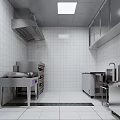 Commercial Kitchen Interior With Stainless Steel Worktables Shelves Range Hoods And Lighting