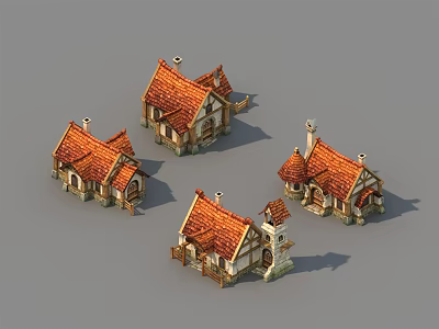 Cartoon Village Scene With Small Houses Red Roofs Chimneys And Windows 3d model