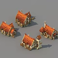 Cartoon Village Scene With Small Houses Red Roofs Chimneys And Windows