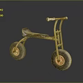 Tricycle with Golden Frame Black Seat and Gray Wheels Featuring Red Hubs on Dark Background