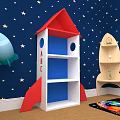 Kids Room Space Theme Storage Shelves With Rocket Boat Shapes Starry Wall And Carpet