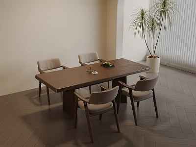 Minimalist Dining Room With Wooden Table Four Chairs Fruit Plate And Tall Plant 3d model