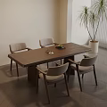 Minimalist Dining Room With Wooden Table Four Chairs Fruit Plate And Tall Plant