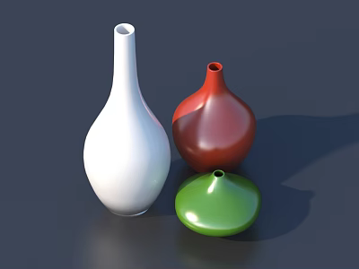 Colorful Ceramic Vases In White Red Green With Various Shapes On Dark Background 3d model