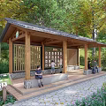 Wooden Pergola With Tile Roof Display Wall And Resting People In Green Park