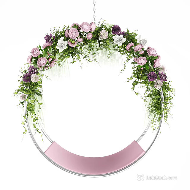 Circular Hanging Chair Adorned With Pink Purple White Flowers Green Leaves Wreath 3d model 