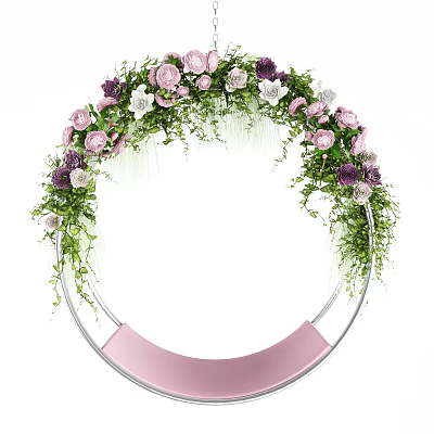 Circular Hanging Chair Adorned With Pink Purple White Flowers Green Leaves Wreath 3d model