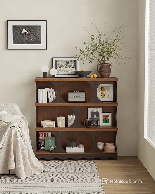 Brown Wooden Tiered Bookshelf With Books Photo Frames Vase Camera Decorative Items In Cozy Interior 3d model 