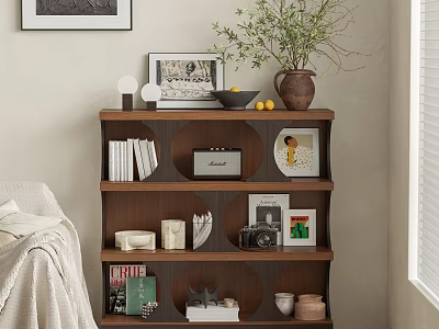 Brown Wooden Tiered Bookshelf With Books Photo Frames Vase Camera Decorative Items In Cozy Interior 3d model