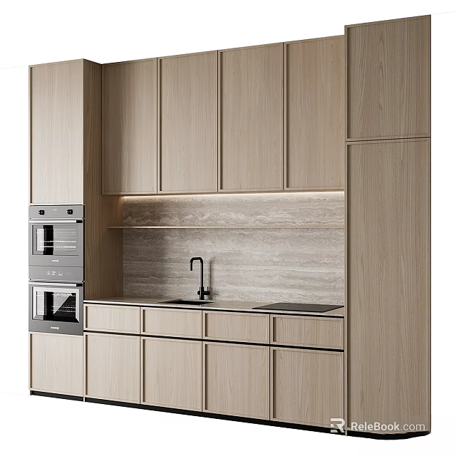 Modern Kitchen With Light Wooden Upper And Lower Cabinets Countertop Sink Faucet And Oven 3d model 