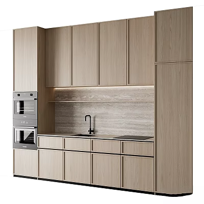 Modern Kitchen With Light Wooden Upper And Lower Cabinets Countertop Sink Faucet And Oven 3d model
