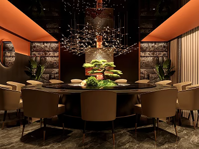 Elegant Modern Private Dining Room Interior Design With Round Table And Crystal Chandelier 3d model