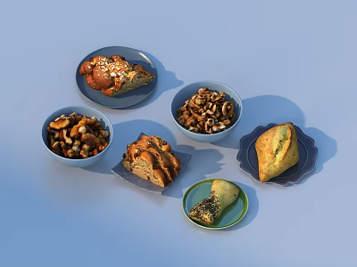 Various Homemade Breads And Mixed Nuts In Colored Bowls And Plates On Light Blue Background 3d model