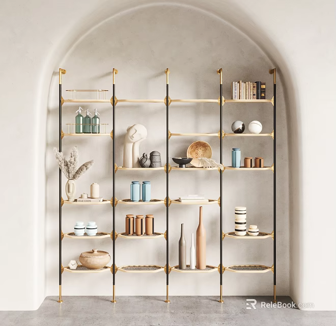 Elegant Multi Tiered Bookshelf With Metal Frame Gold Accents And Decorative Books Vases 3d model 