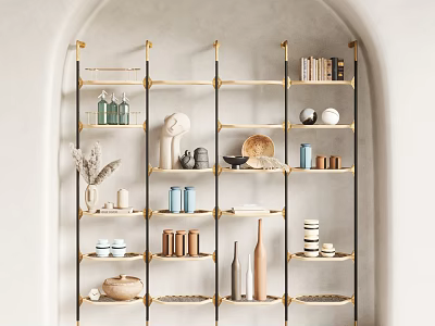 Elegant Multi Tiered Bookshelf With Metal Frame Gold Accents And Decorative Books Vases 3d model