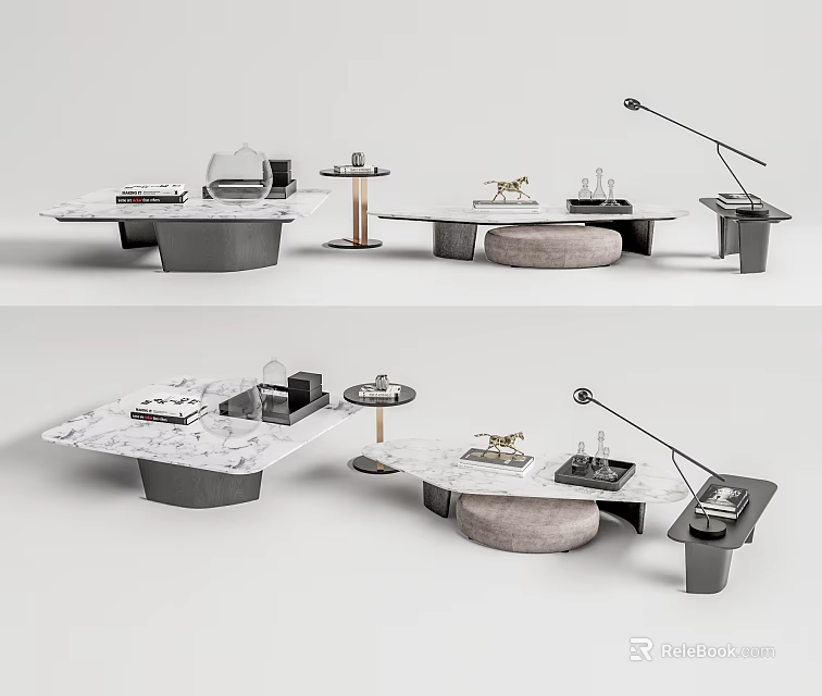 Modern Living Room Coffee Table With Marble Top Side Tables Decorative Objects And Table Lamp 3d model