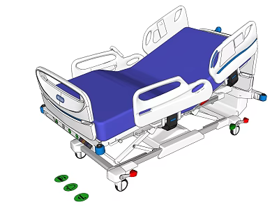 Adjustable Medical Hospital Bed With Blue Mattress Mobile Wheels And Side Rails 3d model