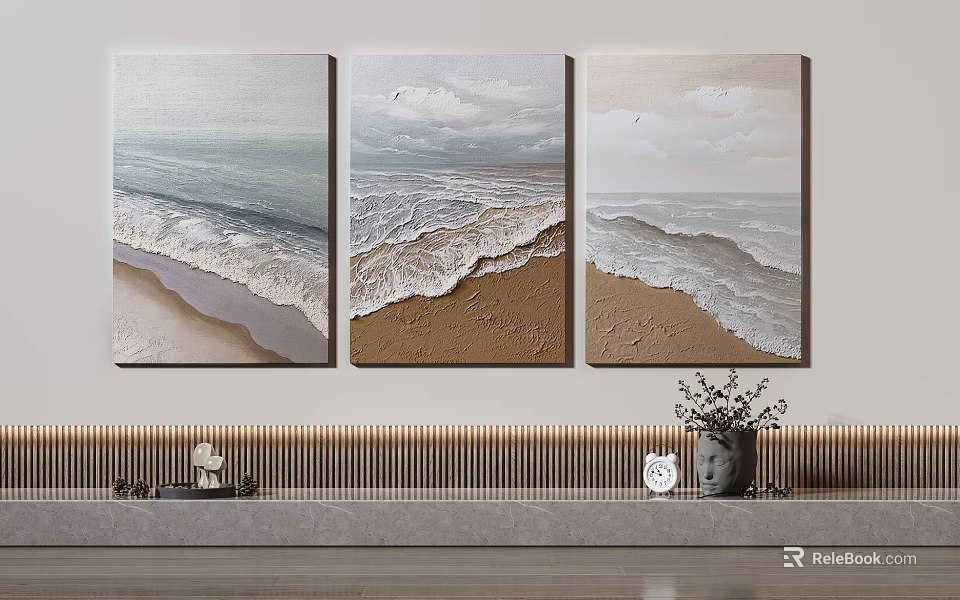 Three Panel Ocean Wave Beach Decorative Wall Art with Sand and Sea 3d model