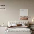 Double Bed with White Upholstered Headboard in Modern Minimalist Bedroom with Nightstands and Pendant Lights