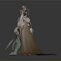 Mythical Warrior With Ornate Armor Golden Headdress Red Cape Green Gold Details and Weapon