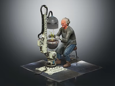 Elderly Man Tending to Potted Plants With Mechanical Device on Stool 3d model