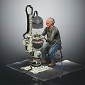 Elderly Man Tending to Potted Plants With Mechanical Device on Stool 3d model