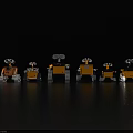 Yellow Smart Robots with Mechanical Design and Various Sizes on Gray Sleek Surface 3d model