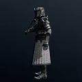 Man in medieval knight armor standing holding sword with detailed metal design