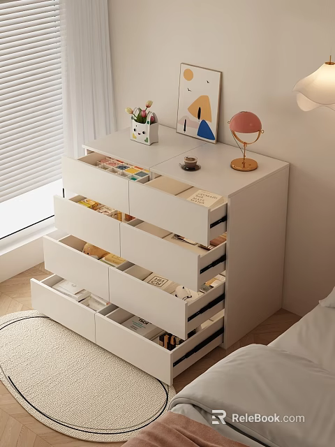 White Dresser With Multiple Open Drawers Organized Storage Items And Decorative Pieces By Window 3d model 