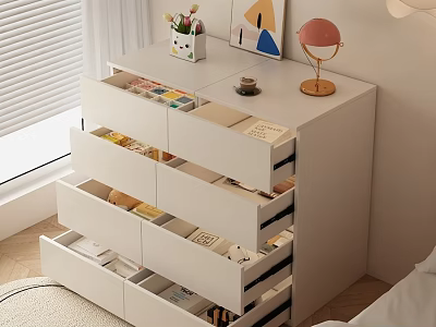White Dresser With Multiple Open Drawers Organized Storage Items And Decorative Pieces By Window 3d model