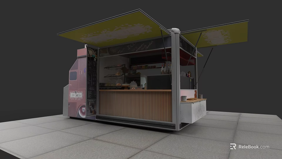 Mobile Coffee Truck With Yellow Awnings Red Exterior Wooden Counter And Pastries 3d model 