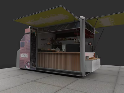 Mobile Coffee Truck With Yellow Awnings Red Exterior Wooden Counter And Pastries 3d model