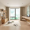 Modern Study Room Interior Design With Writing Desk Chair Bookshelf Large Window Rug And Plant