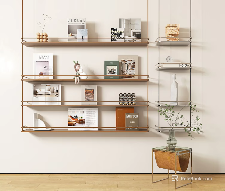 Modern Minimalist Wall Shelving Unit With Books Decorative Items And Small Plants 3d model 