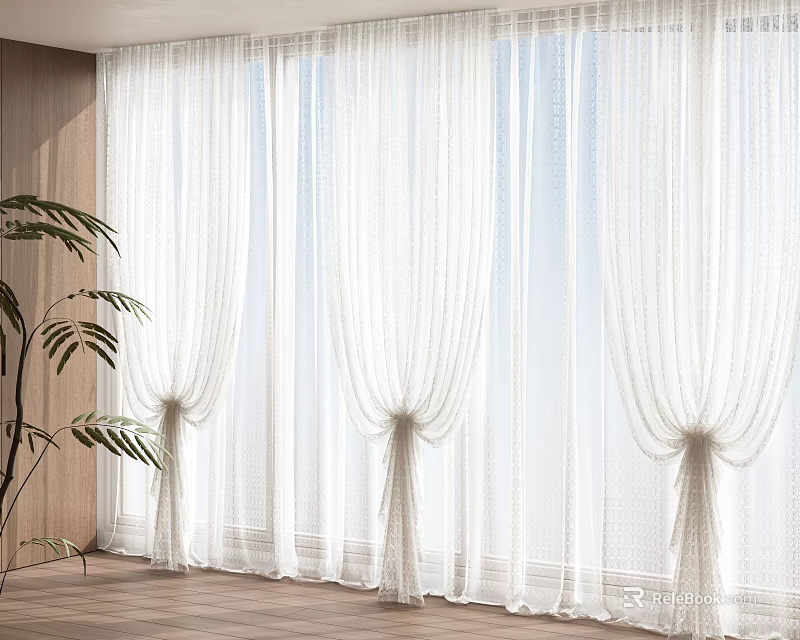White Sheer Curtains For Large Window In Modern Bright Interior With Flowy Design 3d model 
