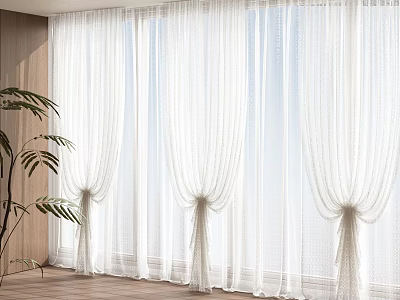 White Sheer Curtains For Large Window In Modern Bright Interior With Flowy Design 3d model