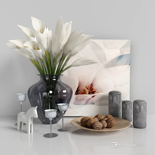 Decorative Ornament Set With White Calla Lilies Dark Vase Floral Painting And Tabletop Decorations 3d model 