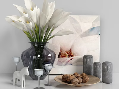 Decorative Ornament Set With White Calla Lilies Dark Vase Floral Painting And Tabletop Decorations 3d model
