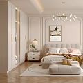 Neutral Modern Bedroom Interior With Upholstered Bed Nightstands Lamps Chandelier Herringbone Rug And Armchair