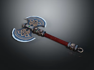 Ornate Double Bladed Axe With Blue Gold Decorations Red Handle And Intricate Patterns 3d model