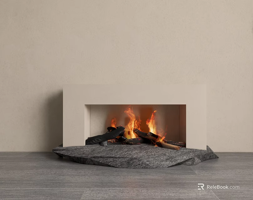 White Fireplace With Burning Fire Wood Logs Gray Stone Base Beige Wall And Gray Floor 3d model 