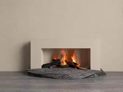 White Fireplace With Burning Fire Wood Logs Gray Stone Base Beige Wall And Gray Floor 3d model
