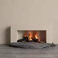 White Fireplace With Burning Fire Wood Logs Gray Stone Base Beige Wall And Gray Floor