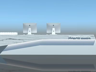 Modern Reception Desk Design Featuring Sleek Surface And Two Computer Monitors 3d model