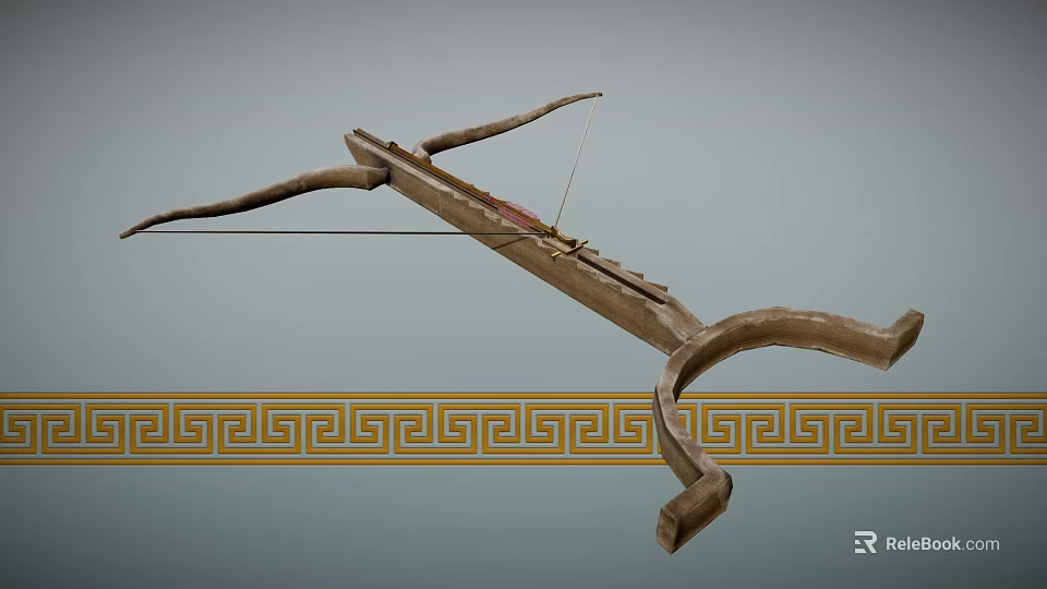 Ancient Wooden Crossbow With Greek Style Meander Pattern On Background 3d model 