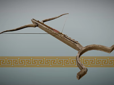 Ancient Wooden Crossbow With Greek Style Meander Pattern On Background 3d model