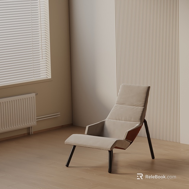 Beige Upholstered Lounge Chair With Black Metal Legs Near Window Blinds And Light Wooden Floor 3d model 